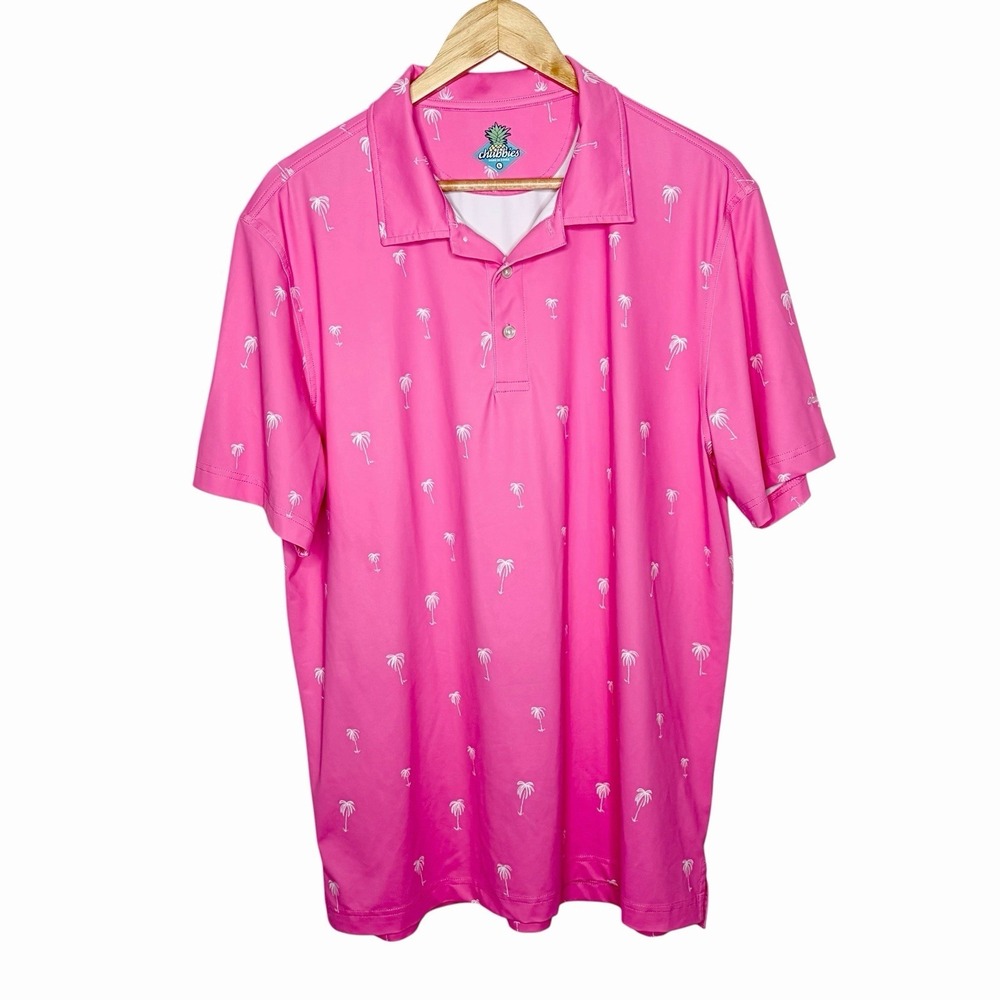 Chubbies Palm Tree Print Polo Shirt Pink Mens L Tropical Island Aloha Hawaiian